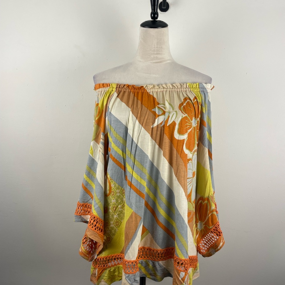 Multiples Floral Striped Off-Shoulder Blouse - Orange, Yellow, Gray